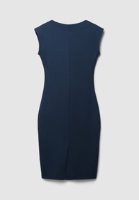 Navyblaues, tailliertes Kleid mit kurzen Ärmeln, aus glattem Stoff gefertigt. Besitzt eine Rückennaht und einen kleinen Schlitz am Saum für mehr Bewegungsfreiheit.