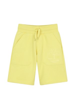Pantaloni corti gialli in cotone con vita elastica, coulisse, due tasche laterali e un logo in rilievo con un design di un albero sul davanti.