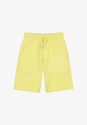 Pantaloni corti gialli in cotone con vita elastica, coulisse, due tasche laterali e un logo in rilievo con un design di un albero sul davanti.