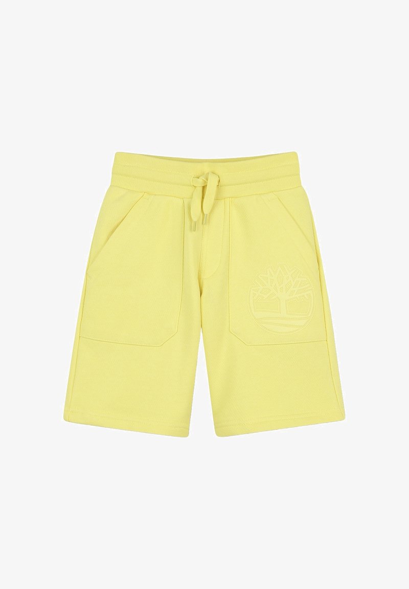 Pantaloni corti gialli in cotone con vita elastica, coulisse, due tasche laterali e un logo in rilievo con un design di un albero sul davanti.