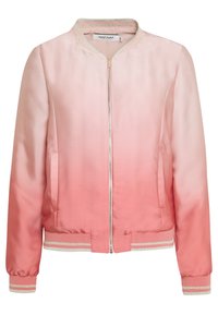 Giacca bomber in satin rosa con effetto sfumato. Presenta una chiusura con zip, polsini e orlo a costine, e dettagli metallici sul colletto.