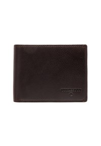 Brown leather wallet with a textured finish, featuring stitched edges and embossed logo detail on one side. Compact rectangular design.
