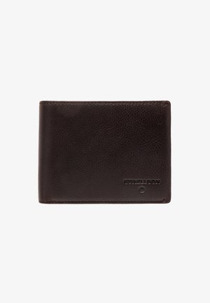Brown leather wallet with a textured finish, featuring stitched edges and embossed logo detail on one side. Compact rectangular design.