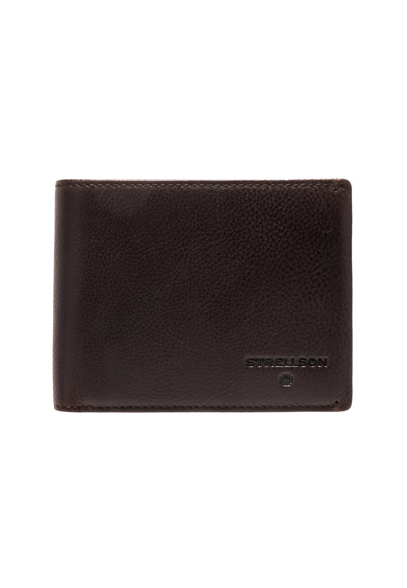 Brown leather wallet with a textured finish, featuring stitched edges and embossed logo detail on one side. Compact rectangular design.