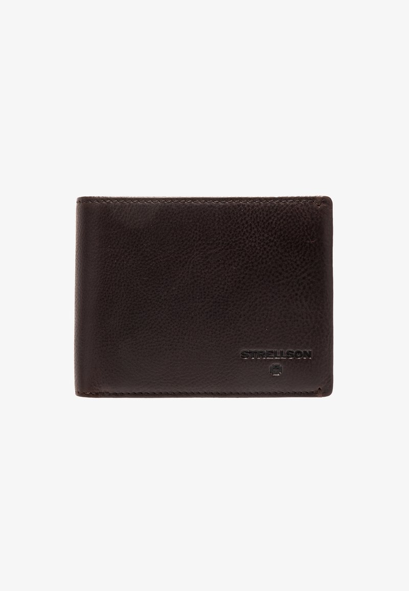 Brown leather wallet with a textured finish, featuring stitched edges and embossed logo detail on one side. Compact rectangular design.