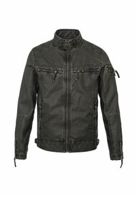 Schwarze Kunstlederjacke mit Stehkragen, durchgehendem Reißverschluss, gesteppter Schulterpolsterung und mehreren Reißverschlusstaschen.