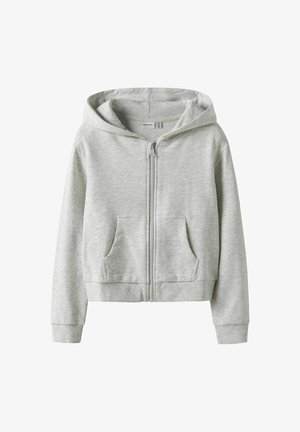 Grau Zip-Hoodie aus weichem Stoff, mit einer Kapuze, zwei Vorderaschen und gerippten Bündchen und Saum. Glatte Textur mit lässigem Design.