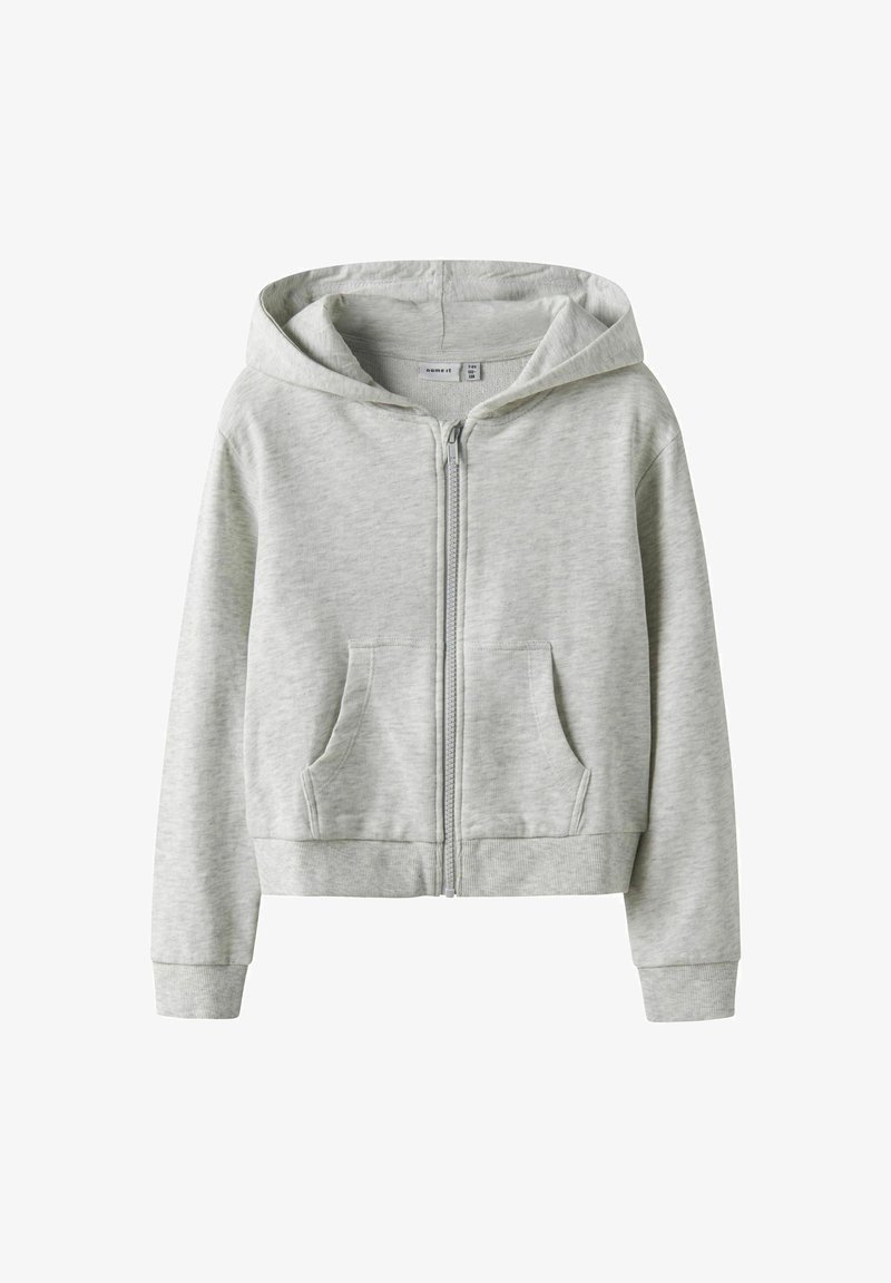 Grau Zip-Hoodie aus weichem Stoff, mit einer Kapuze, zwei Vorderaschen und gerippten Bündchen und Saum. Glatte Textur mit lässigem Design.
