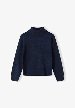 Mörkblå polotröja i mjukt stickat material, med ribbad krage och nederkant, långärmad och med en avslappnad passform.