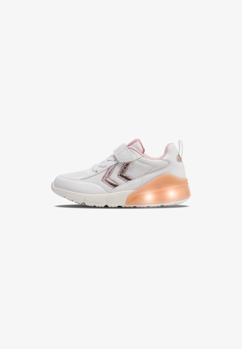 White athletic shoe with a mesh upper, pink accents, and a glittery design. Features a Velcro strap and a light-up translucent heel.