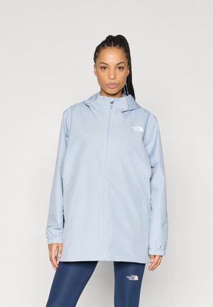 Light blue waterproof jacket with a hood, front zipper, and elastic cuffs. Features the white "The North Face" logo on the chest and hem.