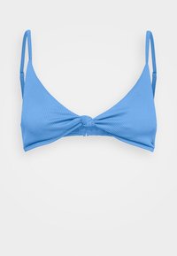 Top de bikini azul com nervuras, copas triangulares, alças finas ajustáveis e um detalhe frontal em nó. Textura lisa, sem padrões ou enfeites.