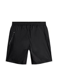 Svarta badshorts i lätt material, med ett elastiskt midjeband och logodetaljer på sidan. Slät yta, knälång design.