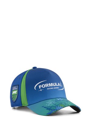 Casquette bleue et verte de la Formula 1 Racing League avec des motifs floraux et urbains sur la visière et un patch São Paulo 2026 sur le côté.