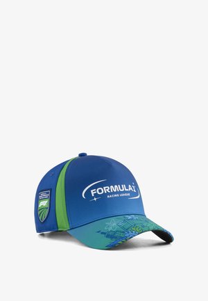 Blå og grøn Formula 1 Racing League-kasket med blomster- og bylandskabsdesign på skyggen og São Paulo 2026-patch på siden.