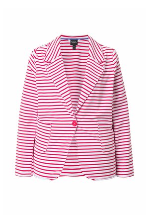 Blazer su misura da donna con righe orizzontali rosse e bianche, singolo bottone rosso, rever a lancia e tasche frontali con pattina.