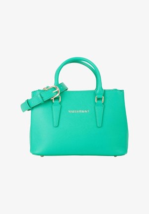 Sac à main turquoise en cuir lisse, avec deux poignées courtes, une bandoulière amovible et un logo doré. Dispose d'un fond plat et d'une forme structurée.