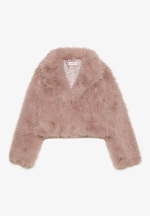 Pink faux fur cropped jacket with a shawl collar, long sleeves, and soft texture. Lined interior with minimal detailing.