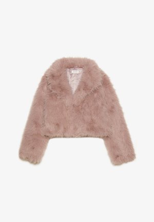 Veste courte en fausse fourrure rose avec un col châle, des manches longues et une texture douce. Intérieur doublé avec un minimum de détails.
