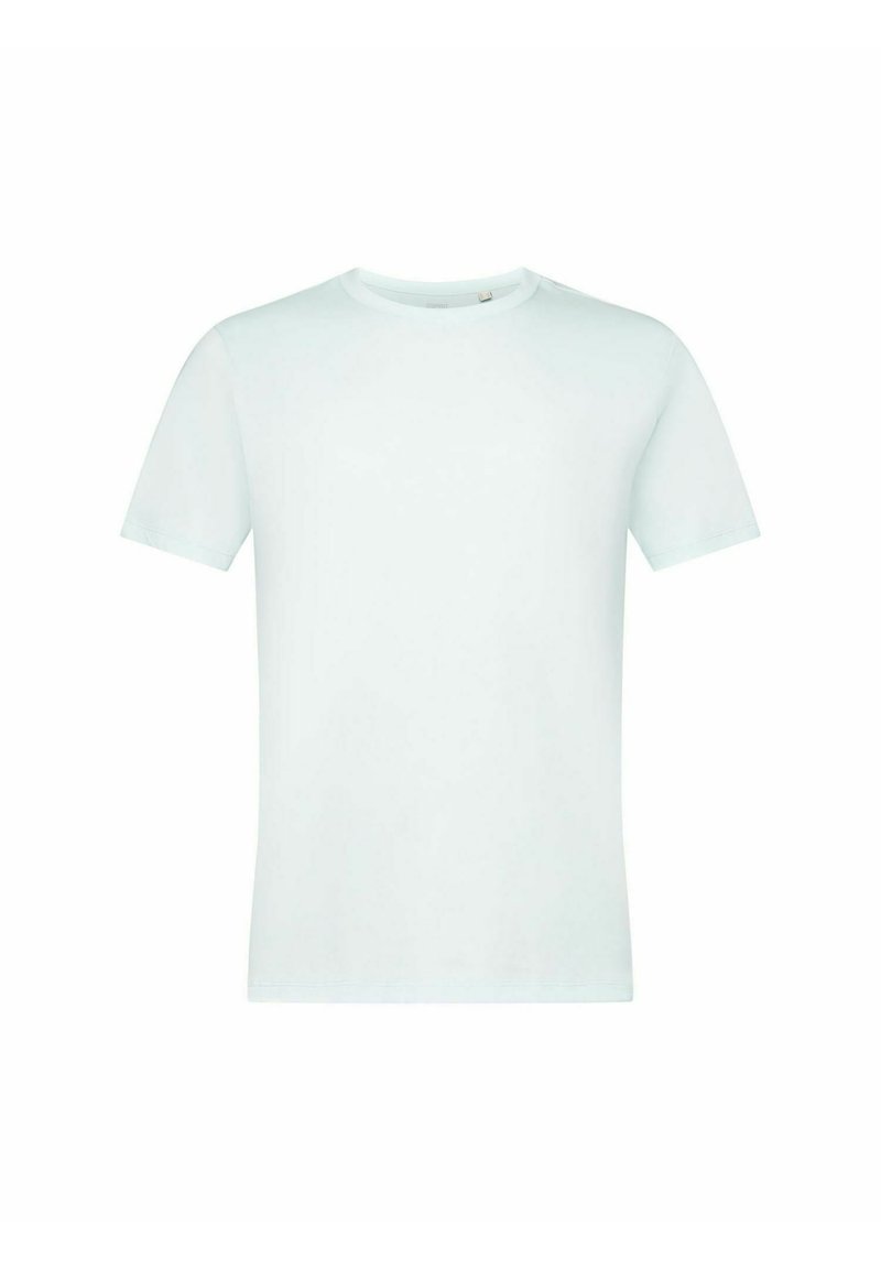 Helles, blaues T-Shirt mit kurzen Ärmeln aus weichem Stoff, ausgestattet mit einem klassischen Rundhalsausschnitt und glatter Textur, ohne Muster oder Akzente.