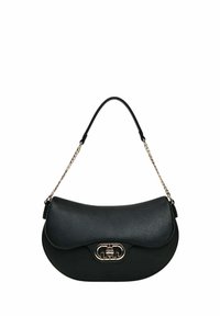 Borsa a mano in pelle nera con forma curva, dotata di chiusura in metallo color oro e tracolla a catena. Superficie texture e finitura liscia.