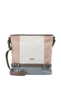 Torebka na ramię w kolorach różowym, białym i jasnoniebieskim, wykonana ze skóry. Prostokątny kształt z regulowanym paskiem i srebrnymi elementami. Gładka faktura.