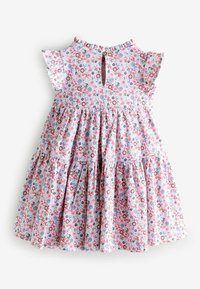 Blumenkleid für Kleinkinder mit zarten Rüschen-Ärmeln, mehrlagigem Rock und Knopfverschluss mit Schlüssel-Loch am Rücken in den Farben Pink, Violett und Weiß.