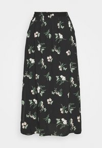 Jupe maxi noire avec des motifs floraux et de papillons en rose et vert. Fabriquée en tissu léger avec une taille élastique et un design plissé.