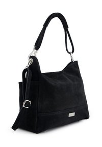 Czarna zamszowa torba na ramię o gładkiej fakturze, srebrnych metalowych elementach i odpinanym pasku. Posiada przednią kieszeń i minimalistyczny design.