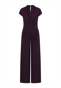 Purple jumpsuit with a wrap front, short sleeves, pleated wide legs, and a keyhole back closure, made from a smooth, stretchy material.