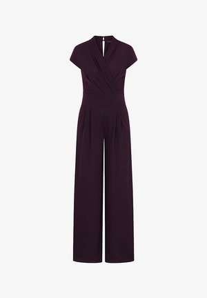 Paars jumpsuit met een wikkelfront, korte mouwen, geplooide wijde pijpen en een sleutelgat sluiting op de rug, gemaakt van een glad, rekbaar materiaal.