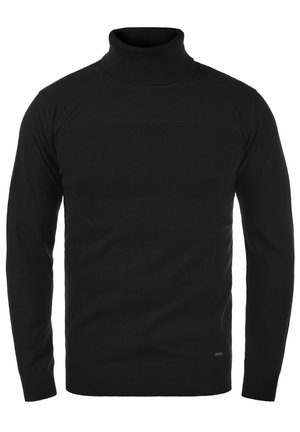 Maglione a collo alto nero realizzato in un morbido tessuto a maglia. Presenta maniche lunghe, un design aderente e un pannello testurizzato sul petto.
