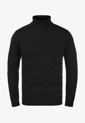 Schwarzer Rollkragenpullover aus einem weichen Strickmaterial. Mit langen Ärmeln, taillierter Passform und einer strukturierten Fläche über der Brust.