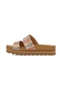Woven slide sandals with two wide straps in multicolored threads. Tan platform sole with zigzag pattern. Textured footbed with slight sheen.