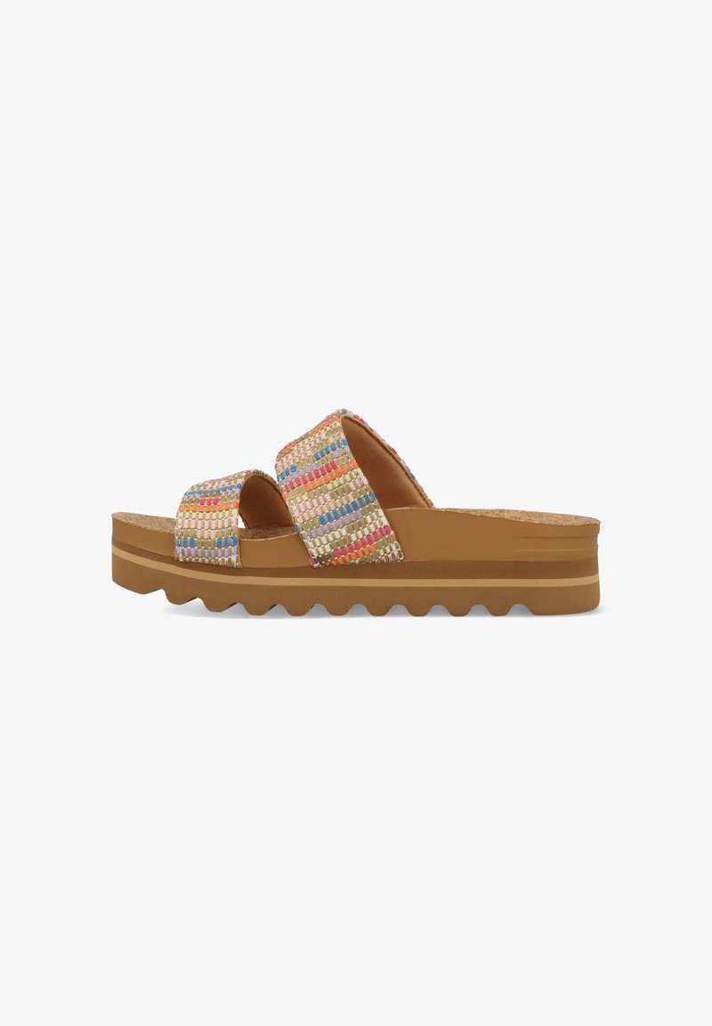 Woven slide sandals with two wide straps in multicolored threads. Tan platform sole with zigzag pattern. Textured footbed with slight sheen.