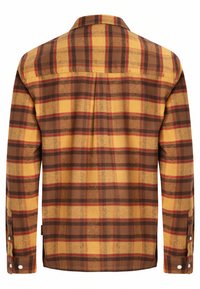 Cămașă cu mânecă lungă, din material tartan în nuanțe de maro, galben și roșu. Textură moale, cu manșete cu nasturi și guler clasic. Două pliere la spate pentru confort.
