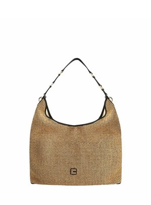 Sac à bandoulière beige et noir à texture tissée, avec une sangle noire réglable unique et un petit logo carré sur le devant.