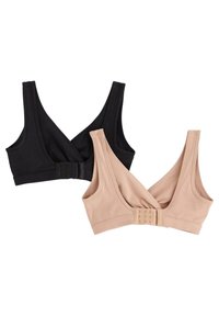 Crni i golobradi meki materijali bralette s širokim trakama, v-izrezom i podesivim zatvaranjem na kopču na leđima.