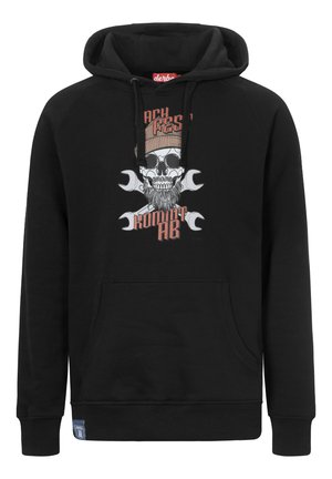 Black hoodie in cotton, featuring a graphic design of a skull with a beard and wrenches. Includes drawstrings and a front pocket.