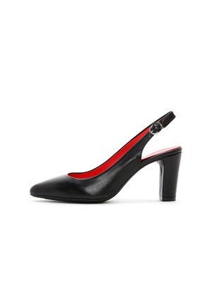 Schwarzer Slingback-Pumps aus Leder mit spitzer Kappe, klobigem hohem Absatz, rotem Innenfutter und verstellbarem silbernem Schnallenriemen.