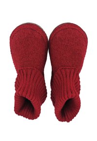 Rode wollen pantoffels met een zachte, textuurafwerking en geribbelde manchet, met afgeronde tenen en een duurzame zool.