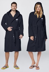 Navy blue bathrobes with hoods, made from soft material, featuring front pockets and a belt, embroidered logo on the left chest.