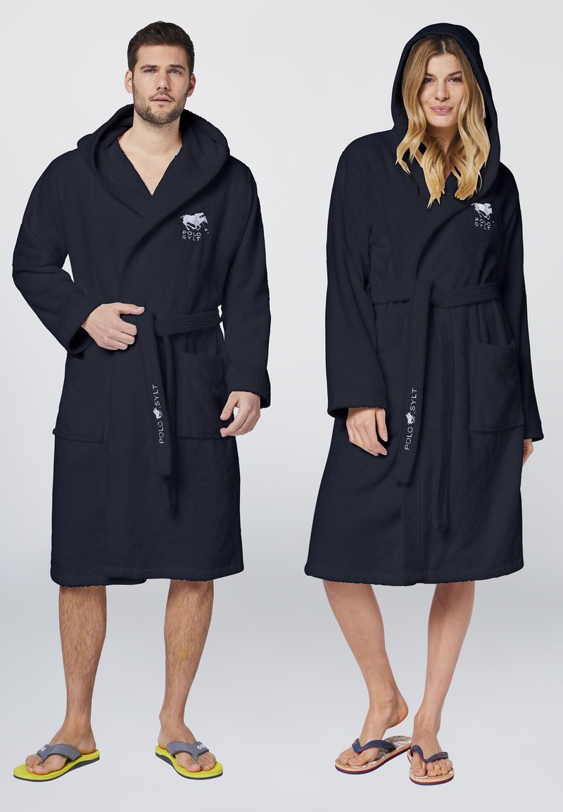 Navy blue bathrobes with hoods, made from soft material, featuring front pockets and a belt, embroidered logo on the left chest.