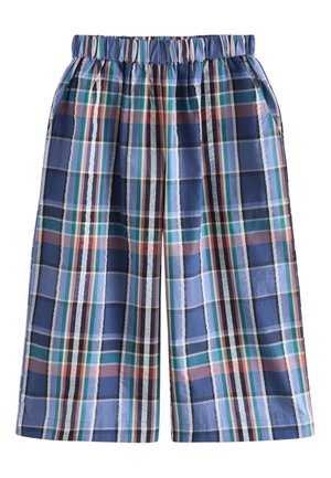 Shorts mit weitem Bein und elastischem Bund mit kariertem Muster in Blau, Grün, Weiß, Pink und Schwarz sowie Seitentaschen.