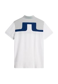 Short-sleeve polo shirt in white and light gray, featuring a blue geometric design on the back. Soft fabric with a classic collar.