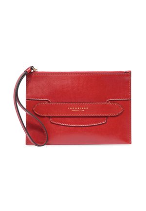 Pochette da polso in pelle rossa con cinturino cucito e logo dorato "The Bridge Firenze 1969" sul davanti.