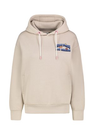 Beige hoodie met een trekkoordkap, kangoeroezak, ribgebreide mouwen en zoom; met kleurrijke tekst die zegt: “Grote Dingen Komen Eraan.”