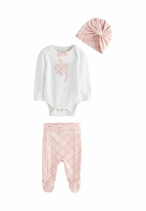 White long-sleeve baby bodysuit with pink bow and design, pink patterned footed pants with bows, and matching pink knotted hat.