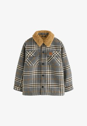 Gray plaid jacket with a tan faux fur collar, two chest pockets, and button closure; features white and orange check patterns.