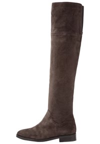 Braune Wildleder-Stiefel über das Knie mit flacher Sohle, glatter Textur und minimalen Nähten. Der Schaft hat ein schlichtes Design und keine Verzierungen.